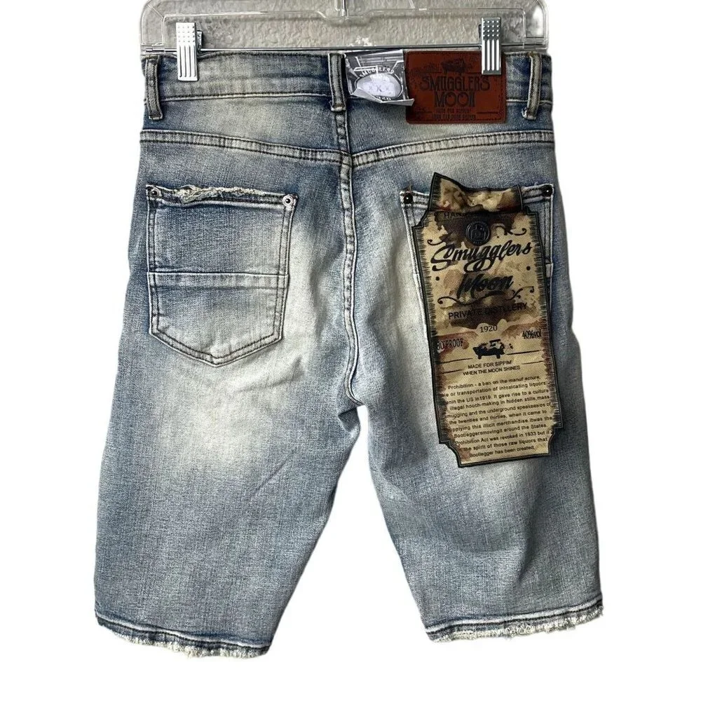Smuggler's Moon Mens Sz 28 Biker Moto Distressed Ripped Light Wash‎ Jean Shorts